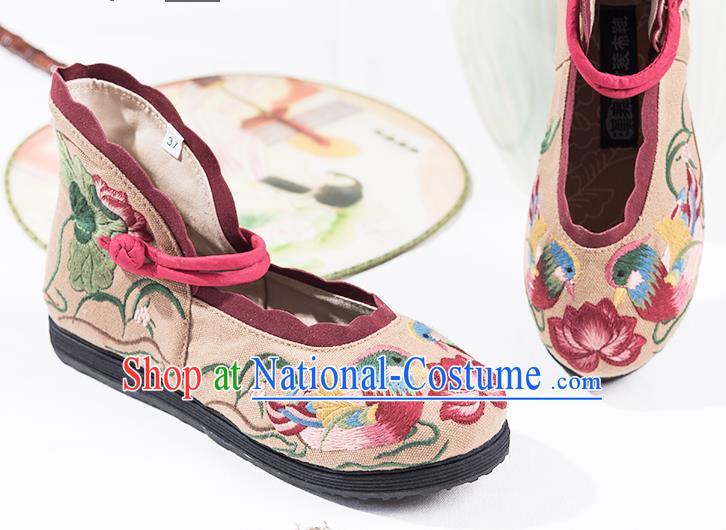 China National Female Shoes Embroidered Mandarin Duck Lotus Shoes Handmade Old Beijing Cloth Shoes Folk Dance Beige Canvas Shoes