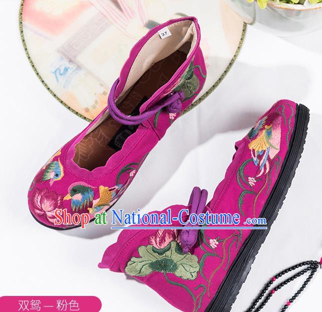 China Handmade Old Beijing Cloth Shoes Folk Dance Purple Canvas Shoes National Female Shoes Embroidered Mandarin Duck Lotus Shoes