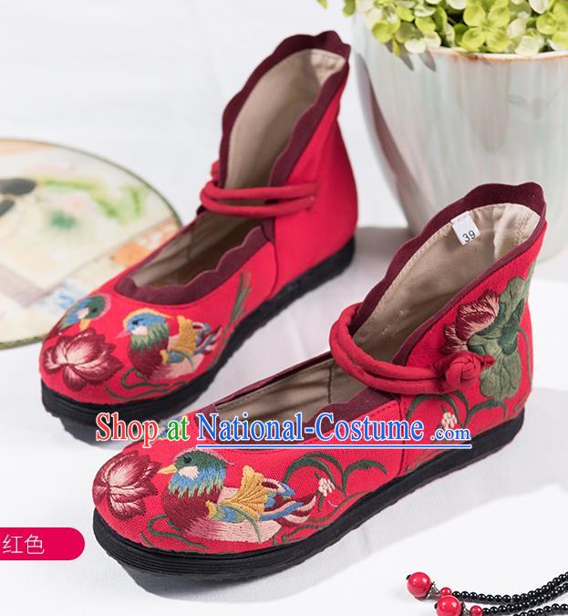 China Embroidered Mandarin Duck Lotus Shoes Handmade Old Beijing Cloth Shoes Folk Dance Red Canvas Shoes National Female Shoes