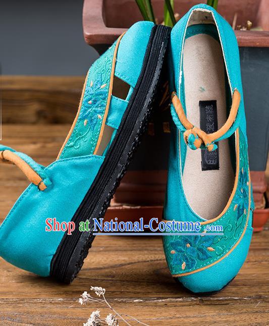 China National Female Shoes Embroidered Blue Canvas Shoes Handmade Old Beijing Cloth Shoes Folk Dance Sandals