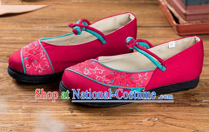 China Handmade Old Beijing Cloth Shoes Folk Dance Sandals National Female Shoes Embroidered Rosy Canvas Shoes