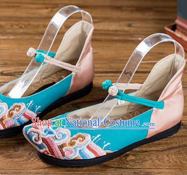 China Embroidered Blue Flax Shoes Handmade Woman Shoes Folk Dance Shoes National Old Beijing Cloth Shoes