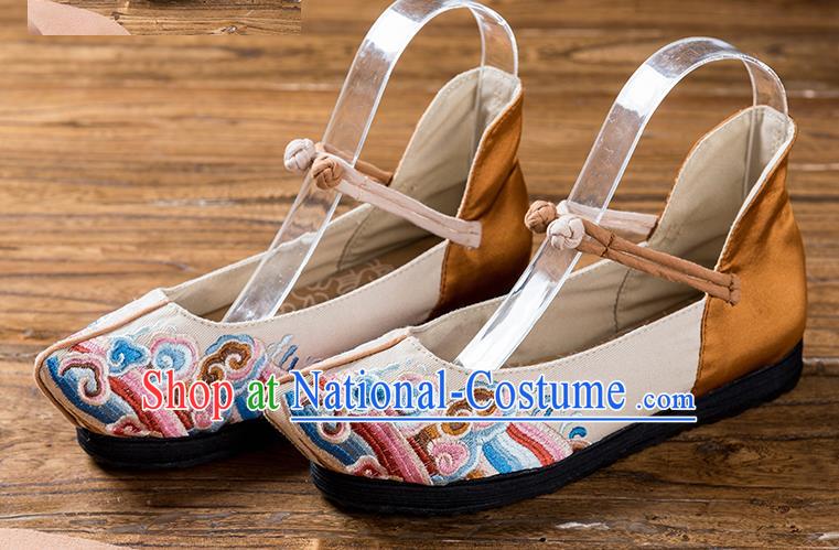 China National Old Beijing Cloth Shoes Embroidered Beige Flax Shoes Handmade Woman Shoes Folk Dance Shoes