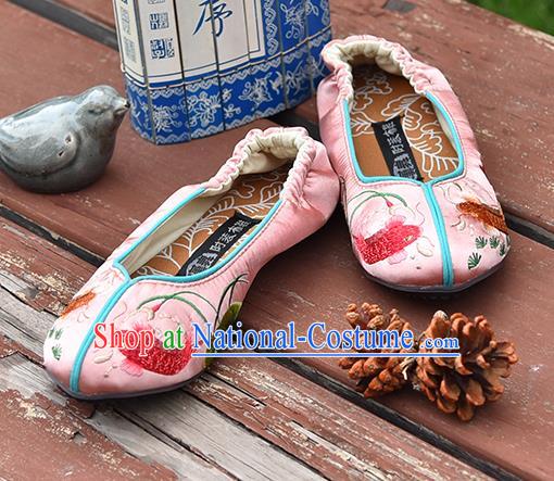 China National Folk Dance Shoes Embroidered Lotus Fish Shoes Handmade Satin Shoes Woman Pink Brocade Shoes