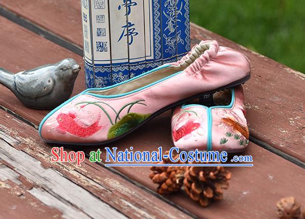 China National Folk Dance Shoes Embroidered Lotus Fish Shoes Handmade Satin Shoes Woman Pink Brocade Shoes