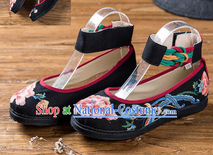 China Embroidered Peony Butterfly Shoes Handmade Woman Black Flax Shoes Folk Dance Shoes National Old Beijing Cloth Shoes