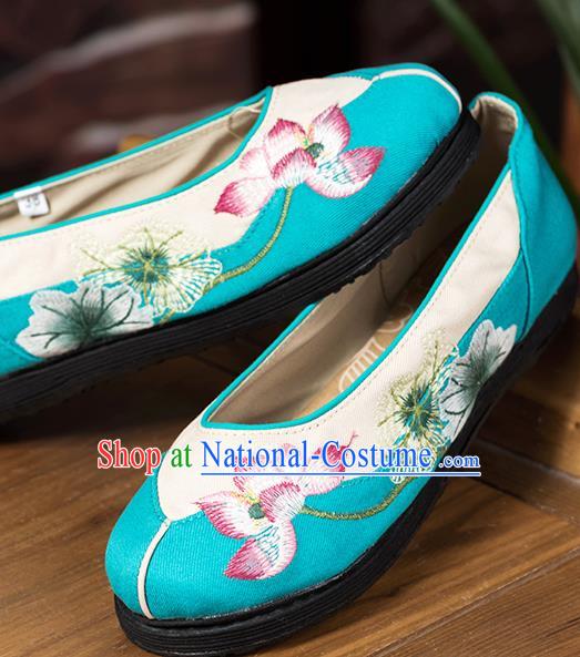 China Woman Folk Dance Shoes National Cloth Shoes Embroidered Lotus Shoes Handmade Blue Canvas Shoes