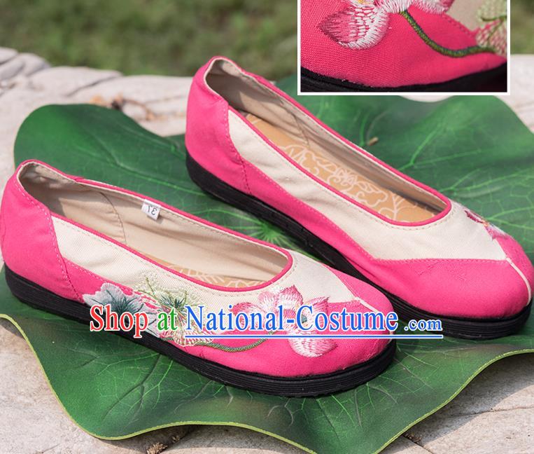 China Embroidered Lotus Shoes Handmade Pink Canvas Shoes Woman Folk Dance Shoes National Cloth Shoes