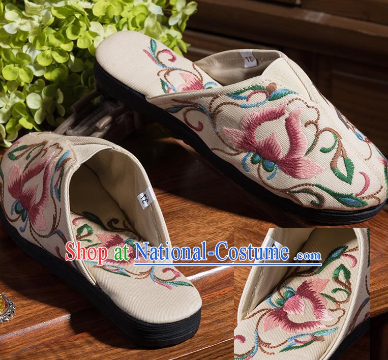 China Folk Dance Shoes National Beige Flax Sandals Embroidered Lotus Shoes Handmade Woman Cloth Shoes