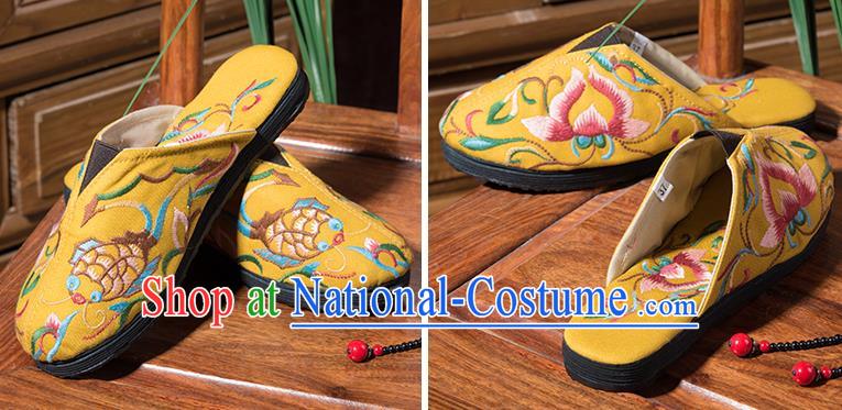 China Handmade Woman Cloth Shoes Folk Dance Shoes National Yellow Flax Sandals Embroidered Lotus Shoes