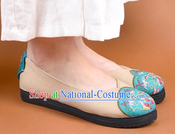 China Woman Beige Canvas Shoes National Folk Dance Shoes Embroidered Shoes Handmade Cloth Shoes