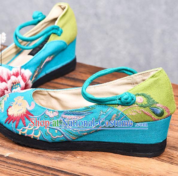 China Folk Dance Wedge Heel Shoes National Woman Cloth Shoes Embroidered Phoenix Peony Shoes Handmade Blue Canvas Shoes