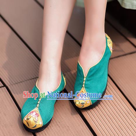 China Green Embroidered Shoes Handmade Canvas Shoes Folk Dance Shoes National Woman Cloth Shoes