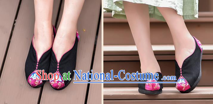 China National Woman Cloth Shoes Black Embroidered Shoes Handmade Canvas Shoes Folk Dance Shoes