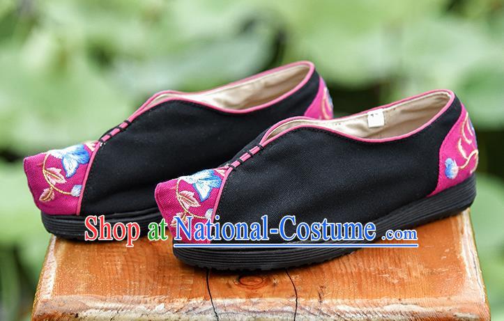 China National Woman Cloth Shoes Black Embroidered Shoes Handmade Canvas Shoes Folk Dance Shoes