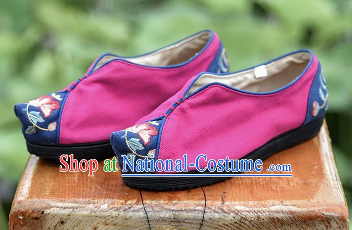 China Folk Dance Shoes National Woman Cloth Shoes Magenta Embroidered Shoes Handmade Canvas Shoes