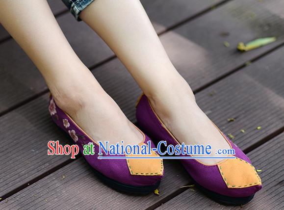 China Folk Dance Shoes National Woman Canvas Shoes Traditional Embroidered Peach Blossom Shoes Handmade Purple Cloth Shoes