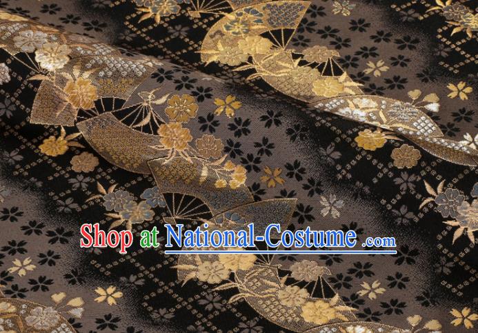 Japanese Kimono Black Brocade Nishijin Tapestry Satin Classical Sakura Fan Pattern Damask Traditional Cloth Fabric