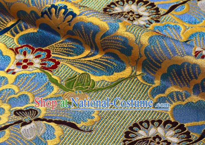 Japanese Traditional Cloth Fabric Kimono Blue Brocade Nishijin Tapestry Satin Classical Peony Pattern Damask