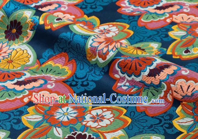 Japanese Classical Sakura Pattern Damask Traditional Cloth Fabric Kimono Blue Brocade Nishijin Tapestry Satin