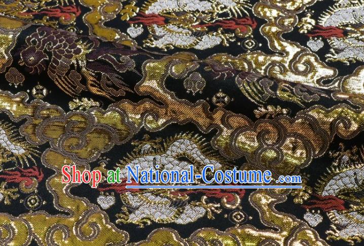 Japanese Nishijin Tapestry Satin Classical Cloud Dragon Pattern Damask Traditional Cloth Fabric Kimono Black Brocade