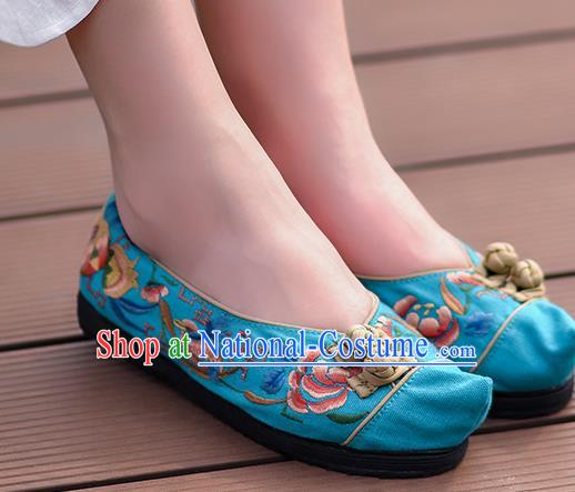 China Handmade Blue Canvas Shoes Folk Dance Shoes National Woman Cloth Shoes Traditional Embroidered Shoes