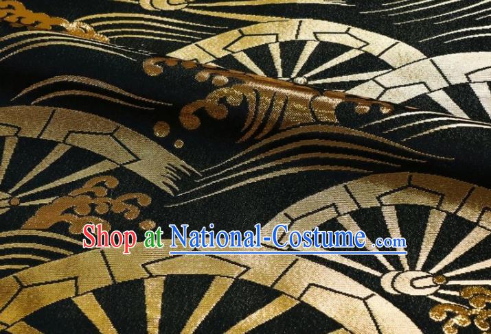 Japanese Classical Wheel Pattern Damask Traditional Kimono Cloth Fabric Black Brocade Nishijin Tapestry Satin