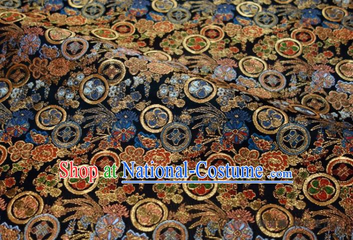 Japanese Nishijin Tapestry Classical Flowers Pattern Damask Traditional Kimono Satin Cloth Black Brocade Fabric