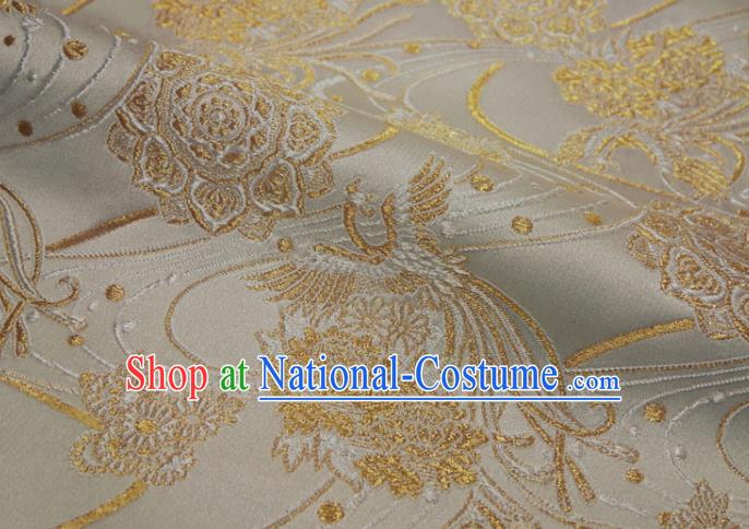 Japanese Nishijin Tapestry Fabric Classical Damask Drapery Traditional Phoenix Pattern White Brocade Kimono Satin Cloth