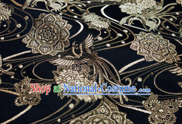 Japanese Kimono Satin Cloth Nishijin Tapestry Fabric Classical Damask Drapery Traditional Phoenix Pattern Black Brocade