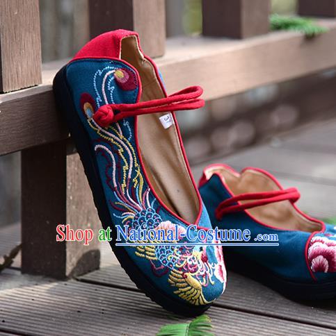 China Woman Folk Dance Shoes National Cloth Shoes Traditional Embroidered Phoenix Peony Shoes Handmade Blue Canvas Shoes