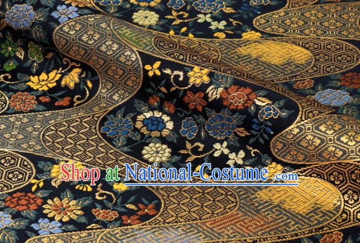 Japanese Kimono Satin Cloth Traditional Damask Drapery Classical Nishijin Tapestry Royal Chrysanthemum Peony Pattern Navy Brocade Fabric