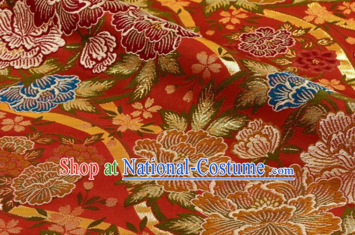 Japanese Royal Peony Pattern Red Brocade Fabric Kimono Satin Cloth Traditional Nishijin Tapestry Classical Damask Drapery