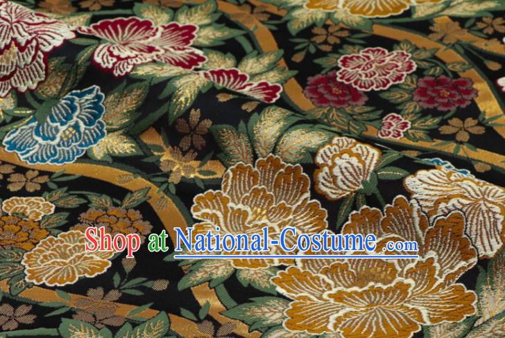 Japanese Classical Damask Drapery Royal Peony Pattern Black Brocade Fabric Kimono Satin Cloth Traditional Nishijin Tapestry