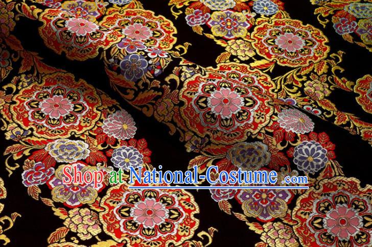 Japanese Traditional Nishijin Tapestry Fabric Classical Damask Drapery Palace Flowers Pattern Black Brocade Kimono Satin Cloth