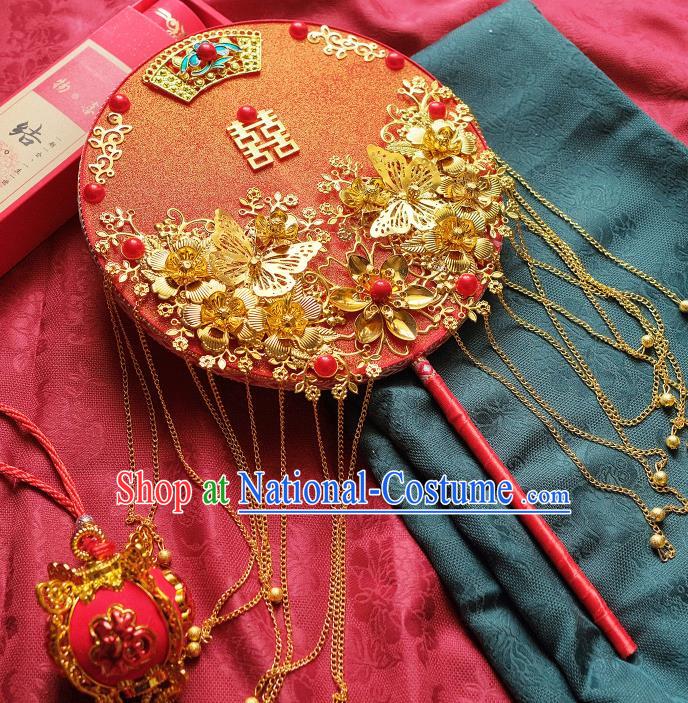 China Classical Dance Circular Fan Handmade Red Silk Fan Traditional Wedding Fan Bride Golden Butterfly Tassel Palace Fan