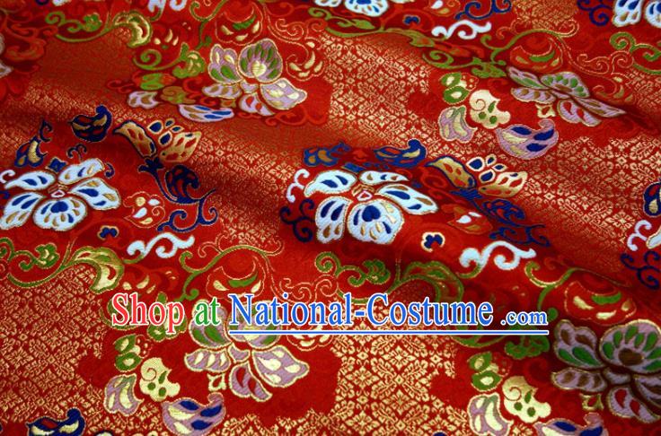 Japanese Kimono Satin Cloth Traditional Nishijin Tapestry Fabric Classical Damask Drapery Palace Twine Pattern Red Brocade