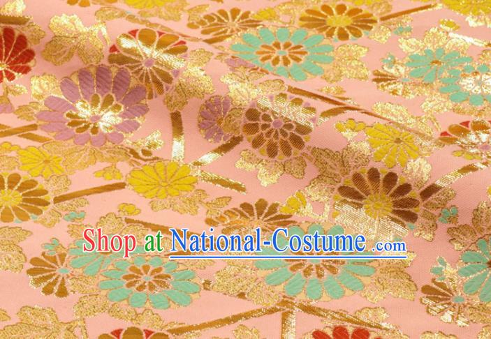 Japanese Royal Chrysanthemum Pattern Pink Brocade Kimono Satin Cloth Traditional Nishijin Tapestry Fabric Classical Damask Drapery