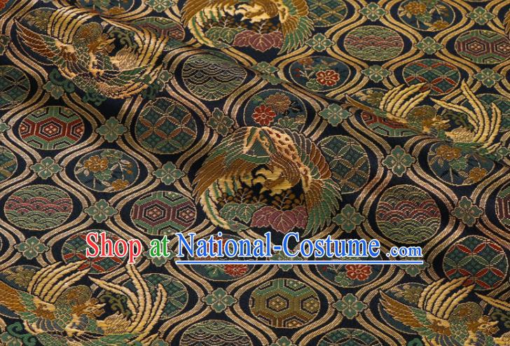 Japanese Traditional Damask Drapery Classical Nishijin Tapestry Fabric Royal Phoenix Pattern Navy Brocade Kimono Satin Cloth