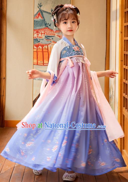 Chinese Traditional Blue Hanfu Dress Girl Princess Garments Children Classical Dance Performance Clothing