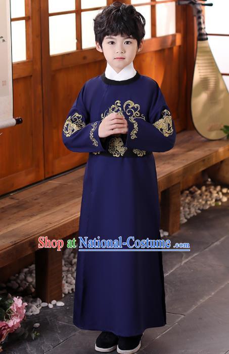 China Ancient Tang Dynasty Scholar Navy Robe Traditional Stage Performance Clothing Boys Classical Dance Garment Costume