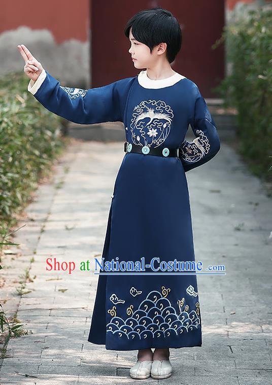 China Traditional Dance Performance Clothing Ancient Boys Knight Garment Costume Tang Dynasty Swordsman Embroidered Navy Robe