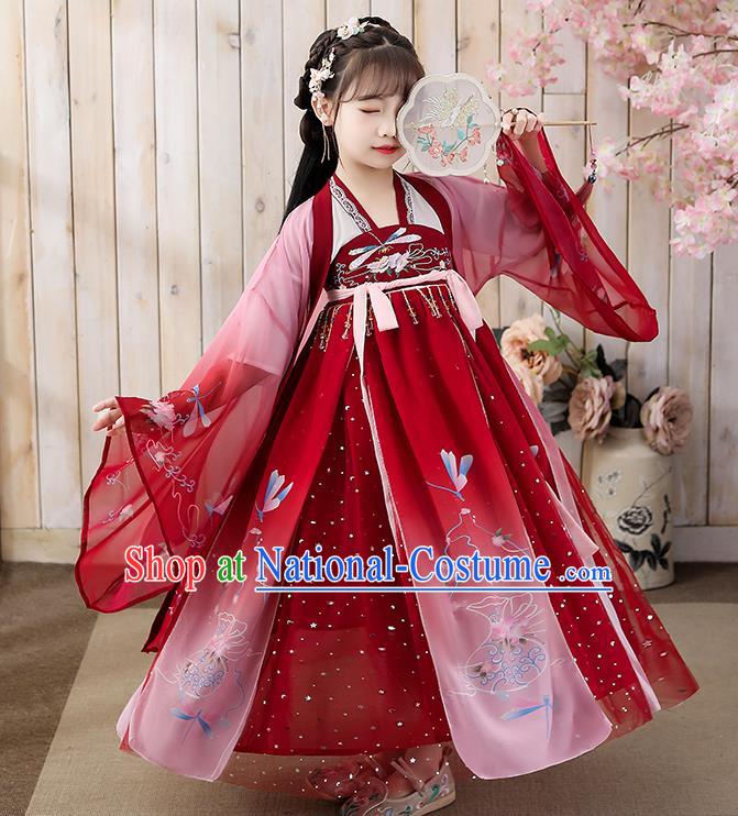 Chinese Children Classical Dance Performance Clothing Traditional Tang Dynasty Girl Princess Red Hanfu Dress Ancient Fairy Garments