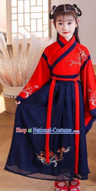 Chinese Traditional Performance Red Hanfu Dress Ancient Girl Student Garments Children Classical Dance Clothing