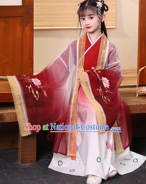 Chinese Ancient Girl Princess Garments Classical Dance Clothing Traditional Children Performance Red Hanfu Dress