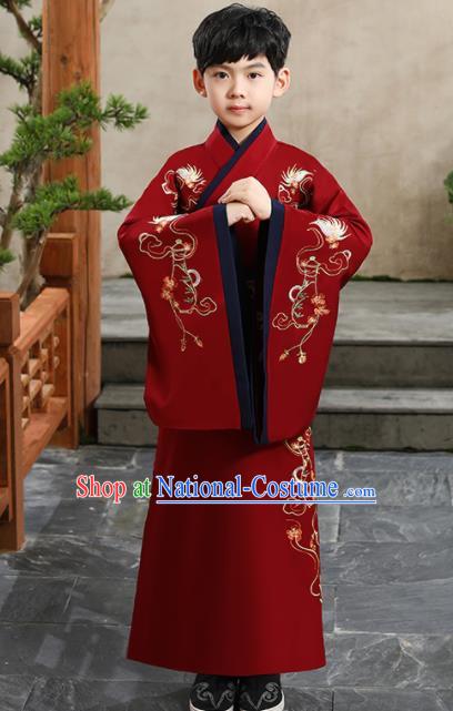 China Ming Dynasty Scholar Red Robe Traditional Boys Dance Performance Clothing Ancient Children Childe Garment Costume