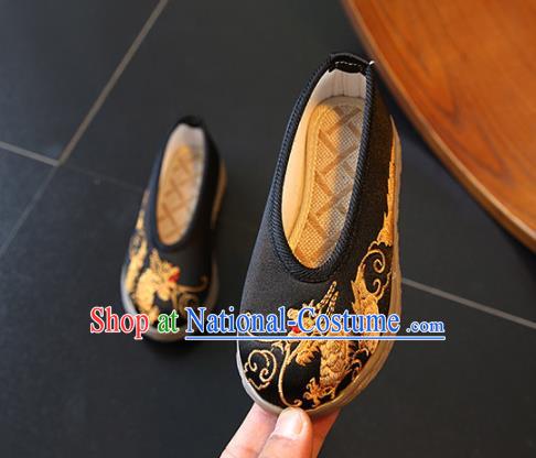 Chinese Boys Embroidered Dragon Shoes Ming Dynasty Black Cloth Shoes Traditional Children Hanfu Shoes