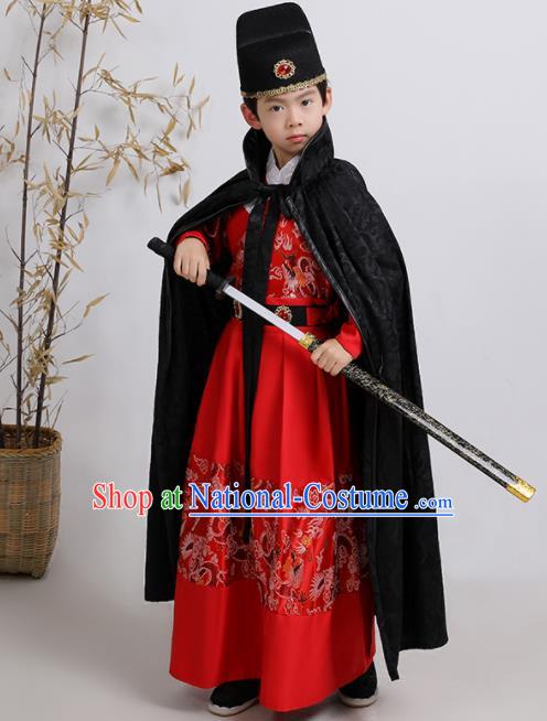 China Traditional Red Feiyu Robe Ming Dynasty Boys Imperial Guards Clothing Ancient Children Swordsman Garment Costume