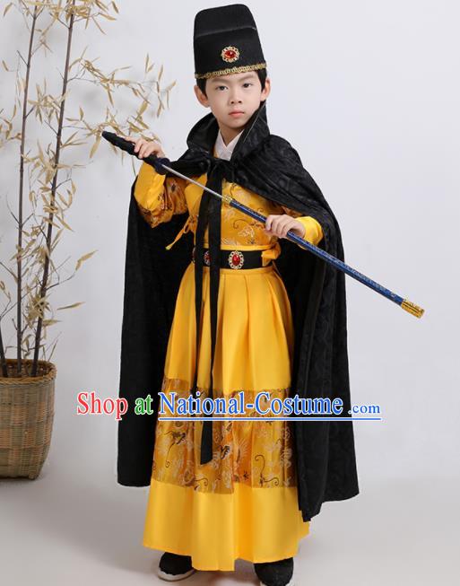 China Ancient Children Swordsman Garment Costume Traditional Yellow Feiyu Robe Ming Dynasty Boys Imperial Guards Clothing