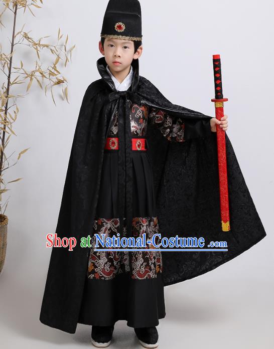 China Ming Dynasty Boys Clothing Ancient Children Swordsman Garment Costume Traditional Imperial Guards Black Feiyu Robe